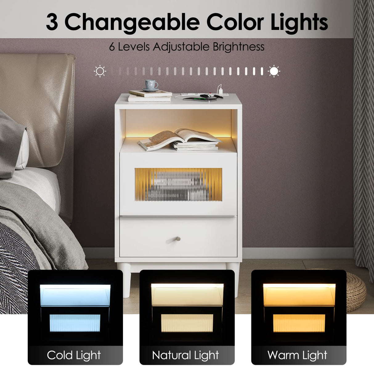 Saudism White Nightstand with Charging Station, End Table with Glass Drawers, Night Stand with LED Lights, Wood Bedside Tables for Bedroom, 15.7”×13.7”×23.8” Saudism