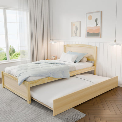 TOLEAD Daybed with Trundle, Twin Size Pull Out Bed, Solid Wood Extendable Day Bed with Trundle, Include Slat Support (Natural, Trundle)