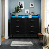 BOLUO Black Dresser with LED Light and Charging Station for Bedroom 6 Drawer Dresser with USB Outlet, Fabric Dressers & Chests of Drawers Modern BOLUO