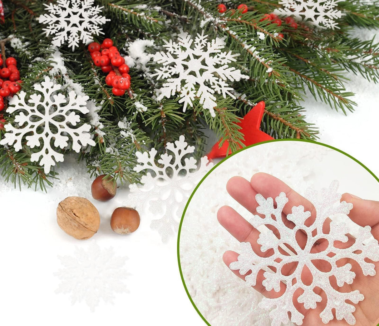 36pcs Snowflakes-Christmas Tree Decorations, Snowflake Ornaments for Tree, Plastic Glitter White Snow Flakes Ornaments, Christmas Indoor Winter Wonderland Decor kockuu