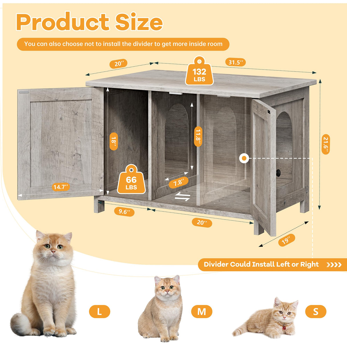 Shintenchi Cat Littler Box Enclosure, Litter Box Furniture Hidden with Removable Divider, Cat House with End Table, Grey Shintenchi