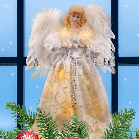 Christmas Tree Topper with Lights | 12.5 inch White Angel Tree Topper | Battery-Powered Tree Toppers Christmas Decorations Rcrirth