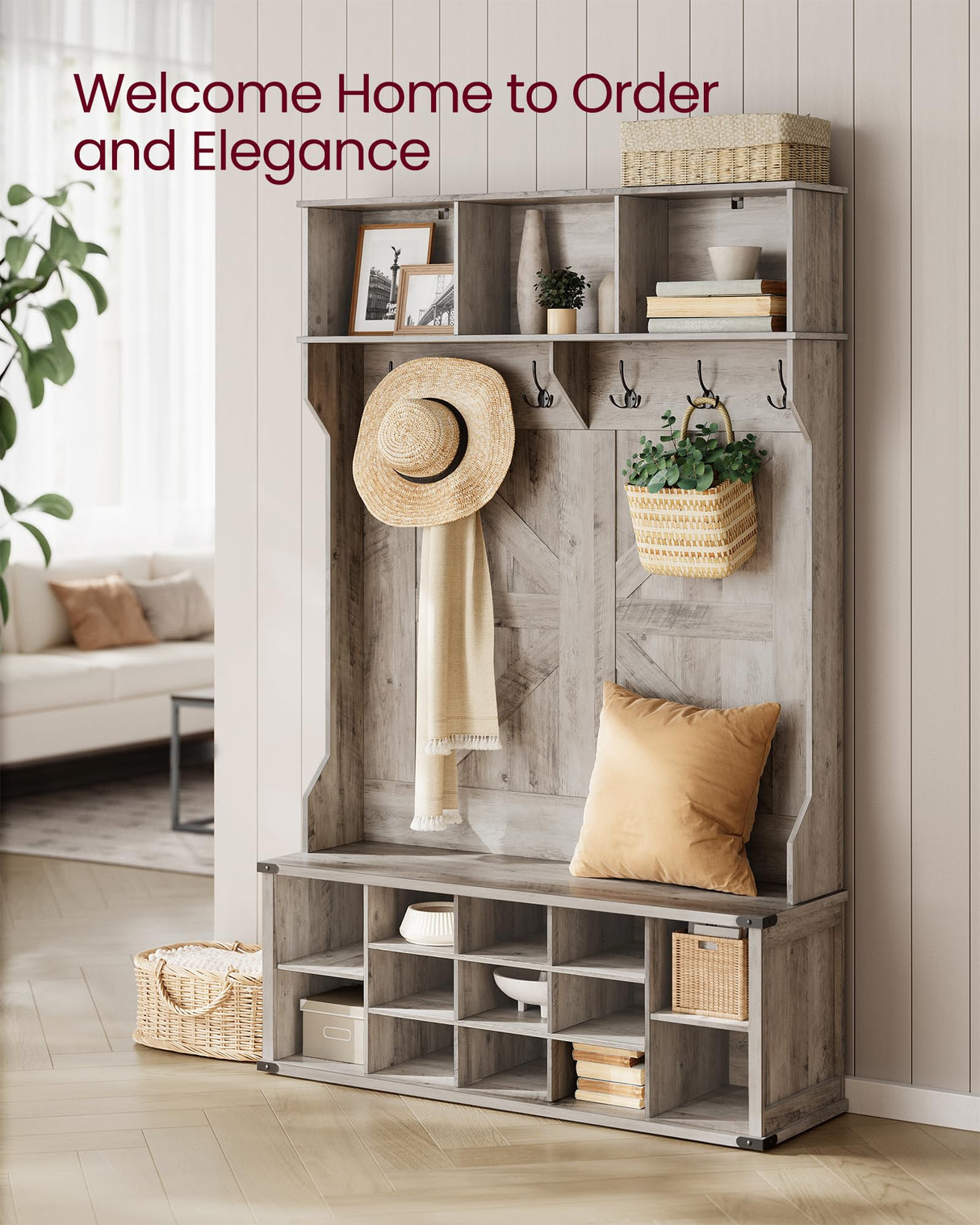 VASAGLE Hall Tree with Bench and Shoe Storage, Coat Rack with Shoe Bench, Entryway Furniture, 16 Open Compartments & Adjustable Shelf, 6 Tri-Hooks, Farmhouse Wooden Style, Heather Greige VASAGLE
