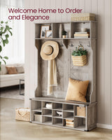 VASAGLE Hall Tree with Bench and Shoe Storage, Coat Rack with Shoe Bench, Entryway Furniture, 16 Open Compartments & Adjustable Shelf, 6 Tri-Hooks, Farmhouse Wooden Style, Heather Greige VASAGLE