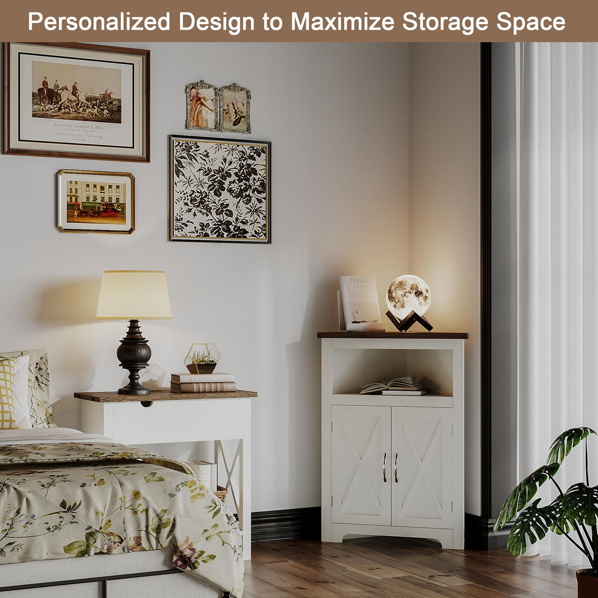 ChooChoo Farmhouse Corner Cabinet, Small Corner Storage Cabinet with Barn Door Design and Adjustable Shelf, Home Space Saver for Living Room, Bathroom, Kitchen, Soft White & Brown ChooChoo