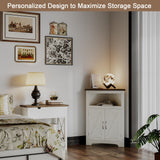 ChooChoo Farmhouse Corner Cabinet, Small Corner Storage Cabinet with Barn Door Design and Adjustable Shelf, Home Space Saver for Living Room, Bathroom, Kitchen, Soft White & Brown ChooChoo