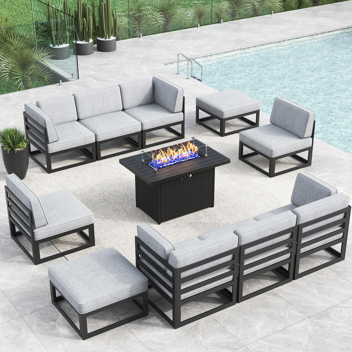 LayinSun Large Aluminum Patio Furniture Set with Fire Pit Table, 11 Pieces Modern Outdoor Conversation Set Sectional Metal Sofa Set with Olefin Cushion LayinSun