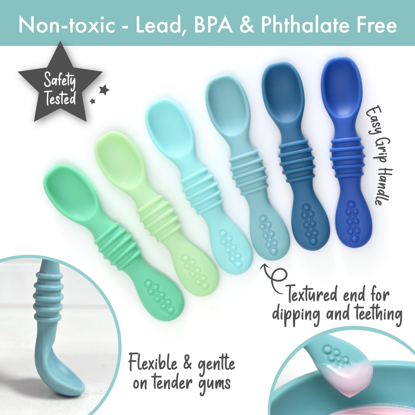 PrimaStella Silicone Chew Spoon Set for Babies and Toddlers - Safety Tested - BPA Free - Microwave, Dishwasher and Freezer Safe - Seaside Palette