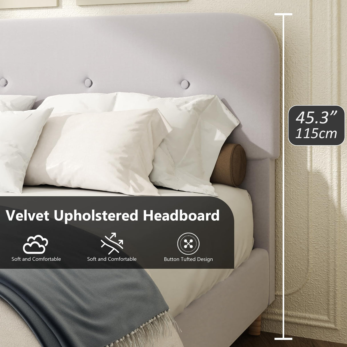 King Size Platform Bed Frame with Velvet Upholstered Headboard, Button Tufted Headboard and Footboard, Anti-Collision Soft Rounded Corners, No Box Spring Needed, Easy Assembly, Light Gray viplov