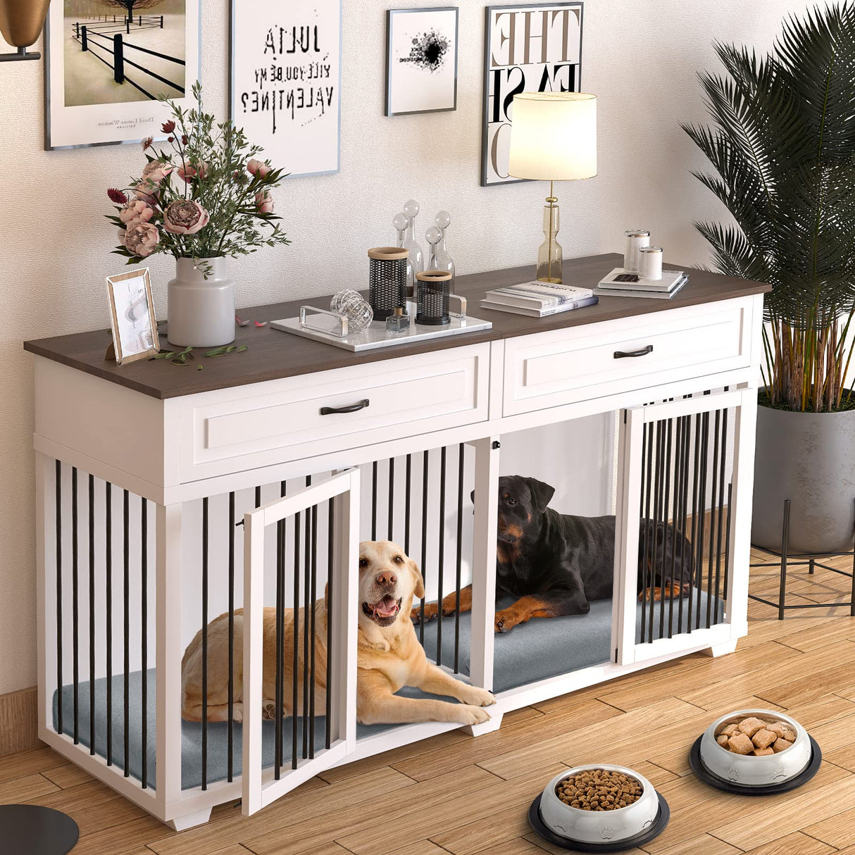 BTLCKVIN Large White Dog Crate with Removable Irons, XXL Size, Indestructible, Two Rooms Design, 72.4" x 22.4" x 34.1" BTLCKVIN