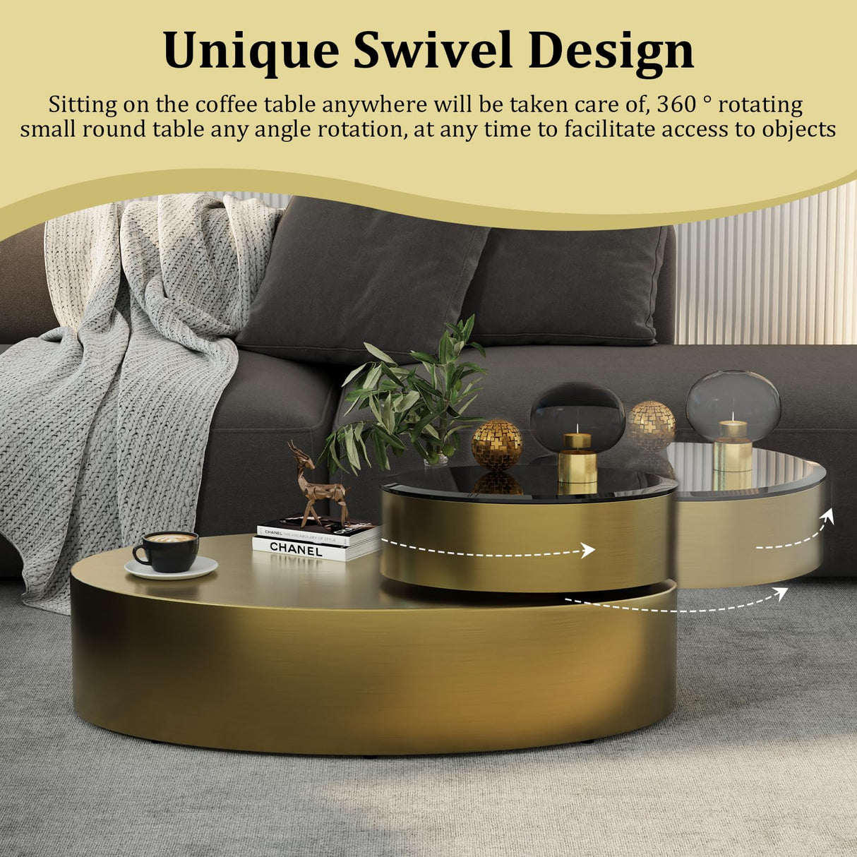 jajaplus Oval Rotating Coffee Table with Tempered Glass Top, 2-Tier Design & 360° Swivel Base, Brushed Gold Finish - Modern Center Table for Living Room, Office, Apartment jajaplus