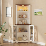 IRONCK 67" Tall Corner Bookcase with Magnetic Glass Doors,Wooden Corner Bookshelf with LED, Storage Cabinet for Home Office Living Room IRONCK