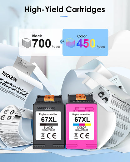 TECKKIN 67XL Ink Cartridge Remanufactured Replacement for HP Ink 67 67XL Works for HP DeskJet 2700 2700e 2755e 2755 4155e 4155 Envy 6055e 6455e 6400 6055 Envy Pro 6452 6458 6475 Printer (Black,Color)