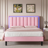 BarnFurin Pink Full Size LED Bed Frame with Upholstered Headboard and Wooden Slats BarnFurin