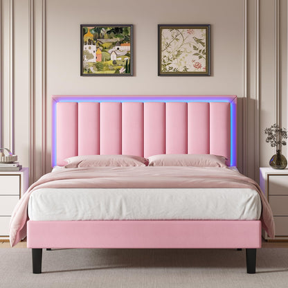 Full Size Bed Frame with LED Lights, Upholstered Platform Bed with PU Leather Headboard, Mattress Foundation with Wooden Slats Support, No Box Spring Needed, Easy Assembly, Pink