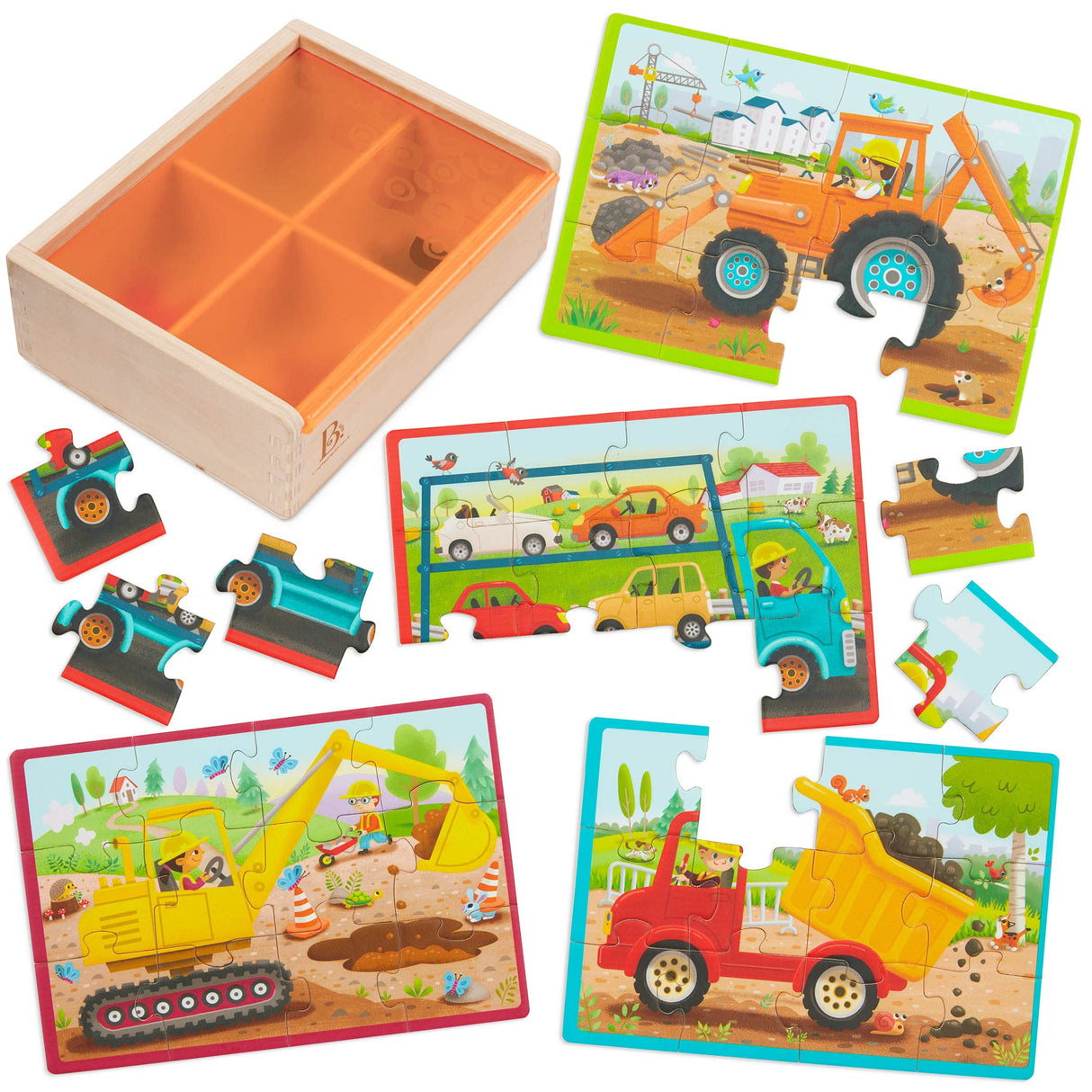B. toys- Pack o' Puzzles - Trucks- Wooden Puzzle Set – 4 Truck Puzzles – Car Carrier, Loader, Excavator, Dump Truck – 12-Piece Jigsaw Puzzles for Kids – 3 Years + B. toys