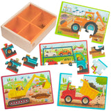 B. toys- Pack o' Puzzles - Trucks- Wooden Puzzle Set – 4 Truck Puzzles – Car Carrier, Loader, Excavator, Dump Truck – 12-Piece Jigsaw Puzzles for Kids – 3 Years + B. toys