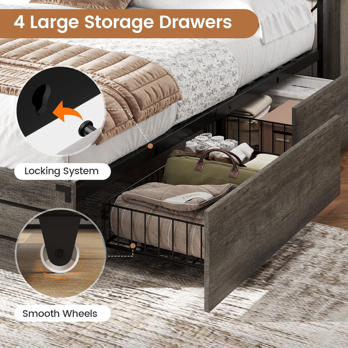 VIAGDO Wooden Bed Frame Queen Size with Bookcase Headboard and Sliding Barn Door, Farmhouse Queen Bed Frame with Charging Station, LED Lights and 4 Storage Drawers, No Box Spring Needed, Grey VIAGDO