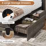 VIAGDO Wooden Bed Frame Queen Size with Bookcase Headboard and Sliding Barn Door, Farmhouse Queen Bed Frame with Charging Station, LED Lights and 4 Storage Drawers, No Box Spring Needed, Grey VIAGDO