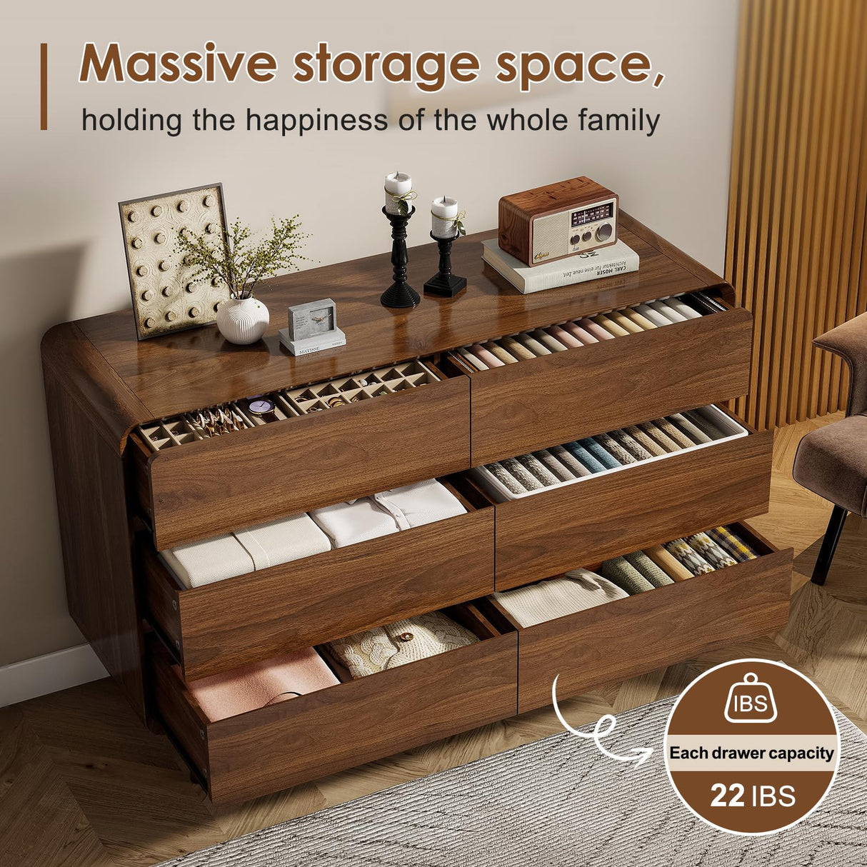 Nasonet 6 Drawer Dresser for Bedroom, Mid Century Modern Dressers & Chests of Drawers, Wood Storage Drawer Dressers for Hallway, Entryway, Walnut Nasonet