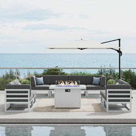 LayinSun 9 Pieces Modern Aluminum Patio Furniture Set with Fire Table, Outdoor Modular Sectional Conversation Set L-Shaped Sofa for Backyard LayinSun