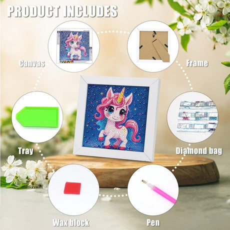 lesaonsy Diamond Painting Kit with Frame - 6 Inch Pre-Framed Animal Art | Beginner-Friendly DIY Craft Gift for Teens & Adults | Complete Set with Tools, Gem Art Kits Gift (Cartoon Unicorn) lesaonsy