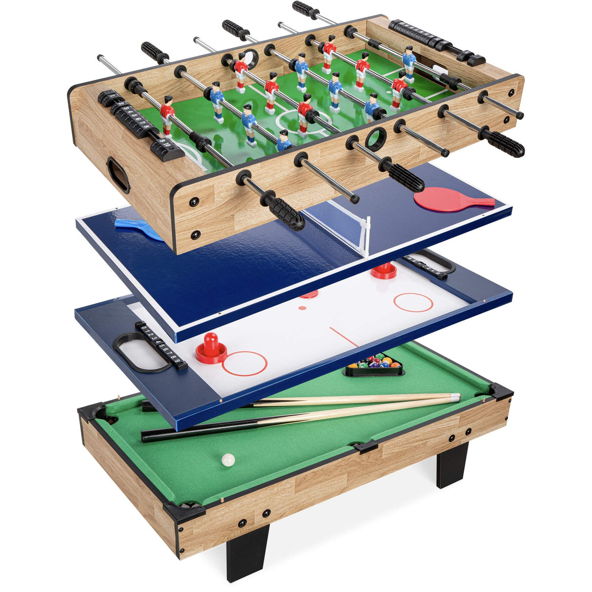 Best Choice Products 4-in-1 Multi Game Table, Childrens Combination Arcade Set w/Pool Billiards, Air Hockey, Foosball and Table Tennis - Natural Best Choice Products