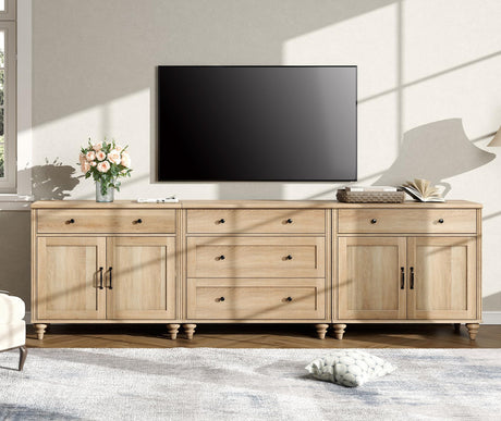 WAMPAT Farmhouse TV Stand for 100 Inch TV, 3-in-1 TV Console Table with 5 Drawers and 4 Doors, Entertainment Center for 75/80/85/90 Inch TV, Kitchen Sideboard Buffet Cabinet for Dining Room, Oak WAMPAT