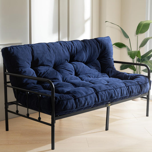 MAXYOYO 6" Futon Mattress Full Size, Tufted Futons Sofa Couch Bed with Twisted Rope Design Edging, Thick Corded Fabric Floor Mattress for Adults, Shredded Foam Filling (Frame Not Included), Navy