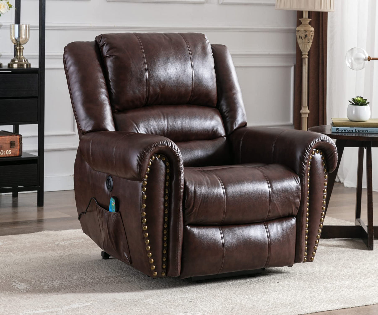 ANJ Large Power Lift Recliner Chairs with Massage and Heat, Faux Leather Electric Lift Chairs for Elderly People, Recliners for Big and Tall Man, Single Lounge Sofa with USB Port (Red Brown) ANJ