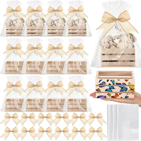 GlikCeil 12 Pcs Easter Gift Basket Empty Kit Small Wood Crates Unfinished Wooden Storage Box 12 Bows 12 Clear Treat Bags for Halloween, Thanksgiving, Christmas Craft Gift Basket Home Decor(Wood Color) GlikCeil