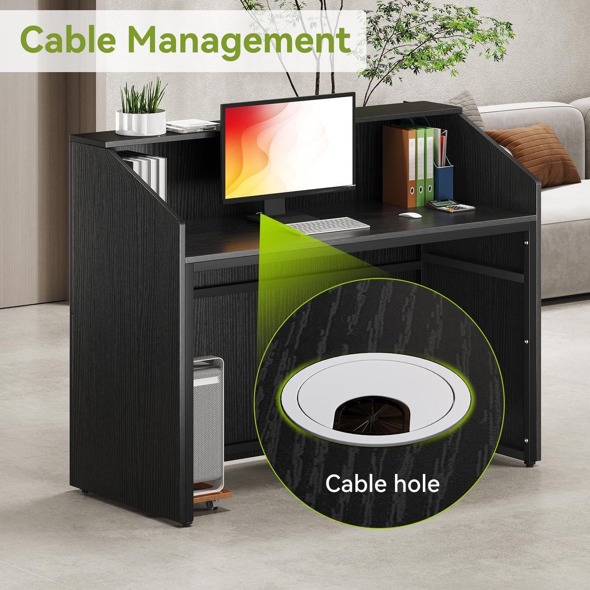 LITTLE TREE 47-Inch Reception Desk with Counter, Black Front Desk Reception Room Table, Retail Counter for Checkout, Modern Welcome Desk for Lobby, Office, Beauty Salon LITTLE TREE