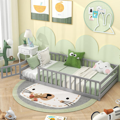 Giantex Twin Floor Bed with Door & Fence, Kids Wood Montessori Bed with Safety Guardrails, Floor Bed Frame for Kids, Boys, Girls, No Box Spring Needed, Floor Bed Twin (Grey) Giantex