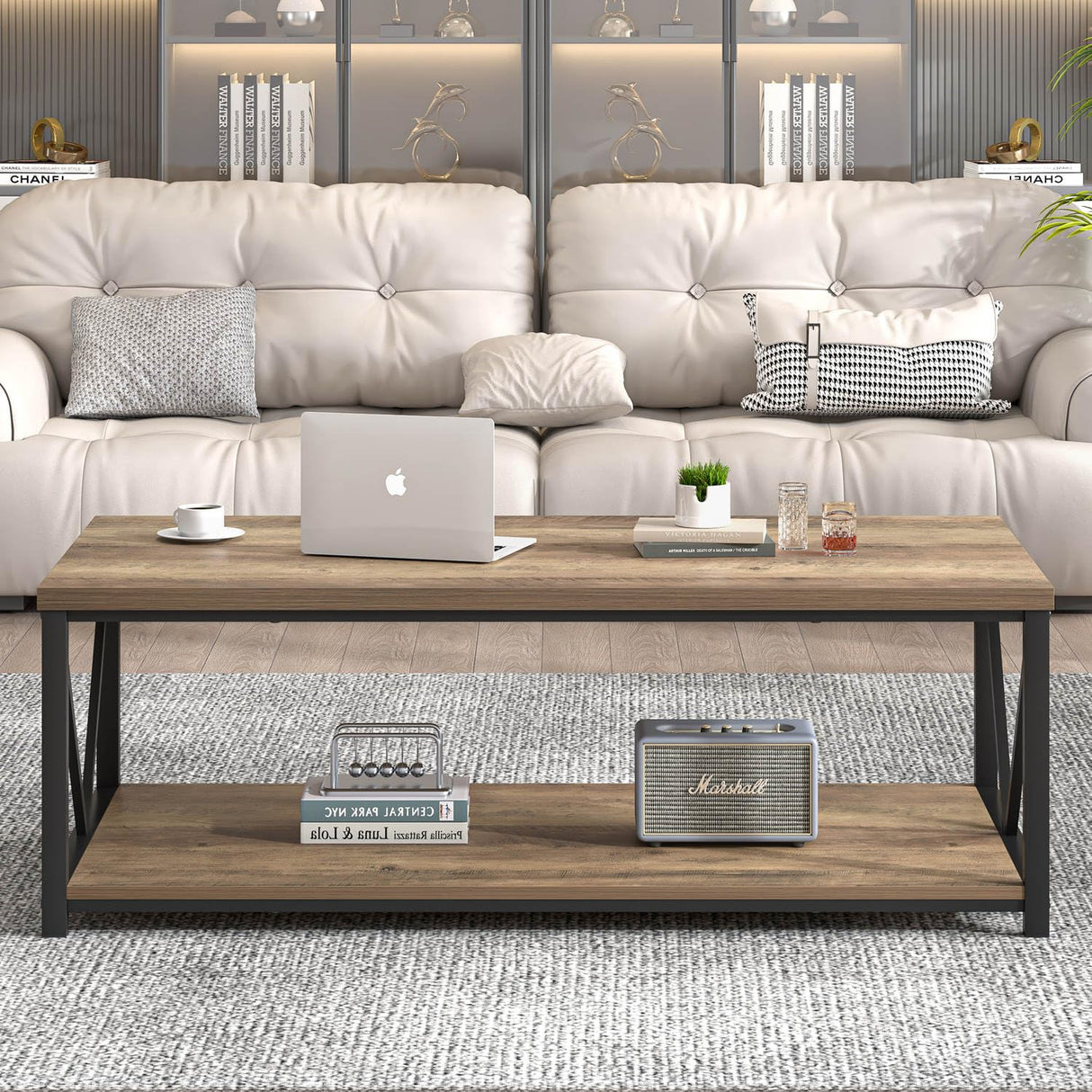FOLUBAN Modern Coffee Table, Living Room Center Table with Storage, Wood and Metal Cocktail Table, Rustic Oak, 47 Inch FOLUBAN
