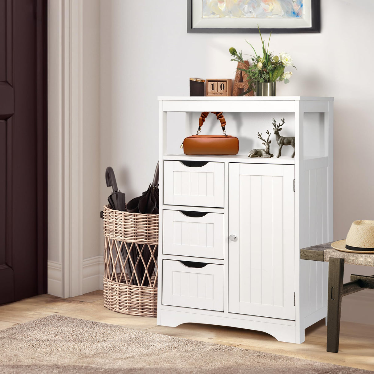 ZENY Modern White Wooden Bathroom Floor Cabinet with Adjustable Shelves and 3 Drawers ZENY