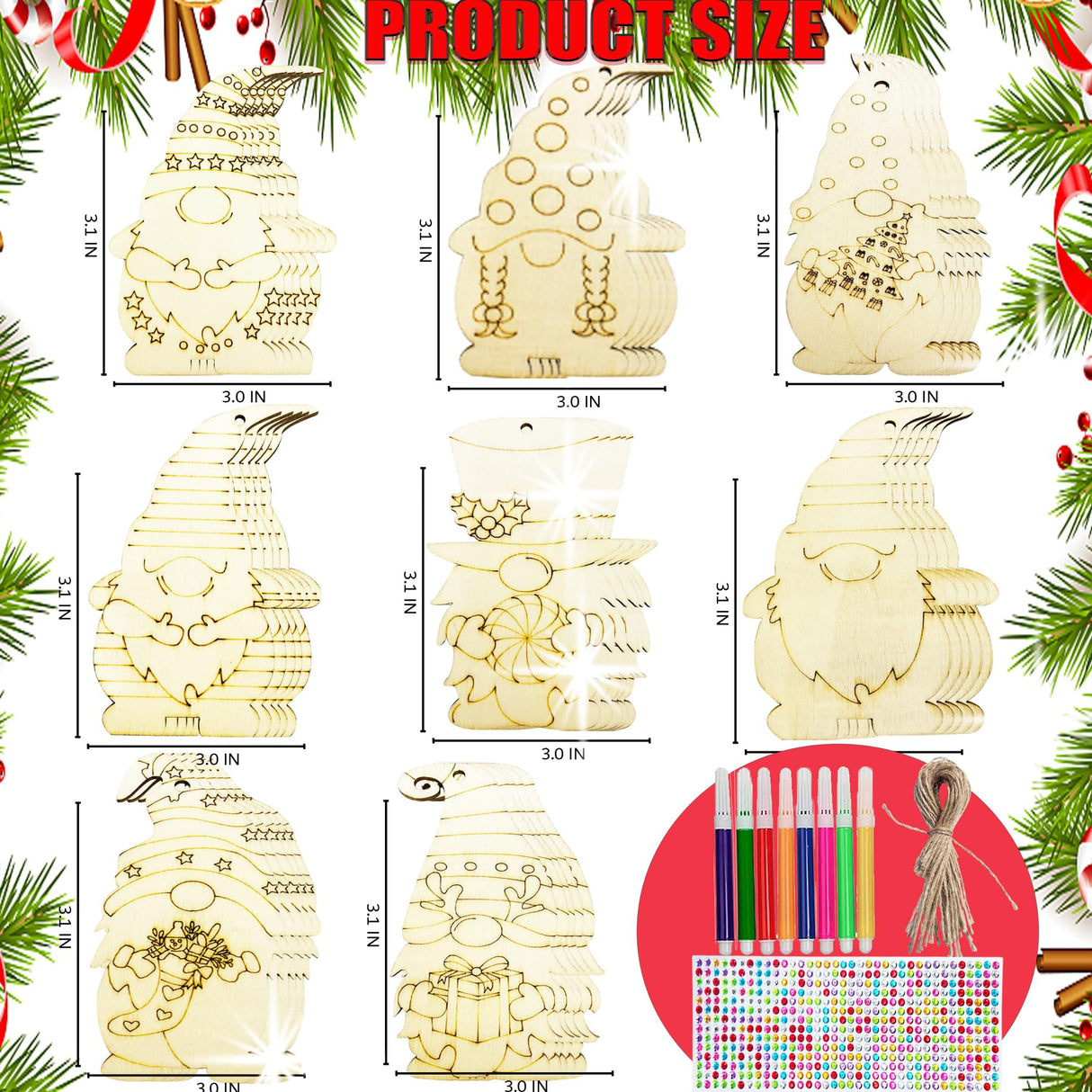40PCS DIY Christmas Wooden Ornaments Unfinished Wood Slices to Paint with 8 Styles,Wooden Christmas Ornaments Crafts,DIY Santa Claus Christmas Tree Ornaments kit for Kids,DIY Christmas Tree Crafts Aodmti