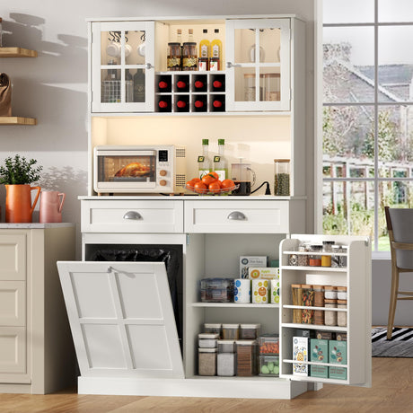 Kitchen Pantry Cabinet with Charging Station & LED Light, 68" Tall Storage Pantries with Tilt Out Trash Cabinet, Farmhouse Kitchen Cupboard with Drawers, Wine Rack, Glasses Holder, Microwave Stand Auromie