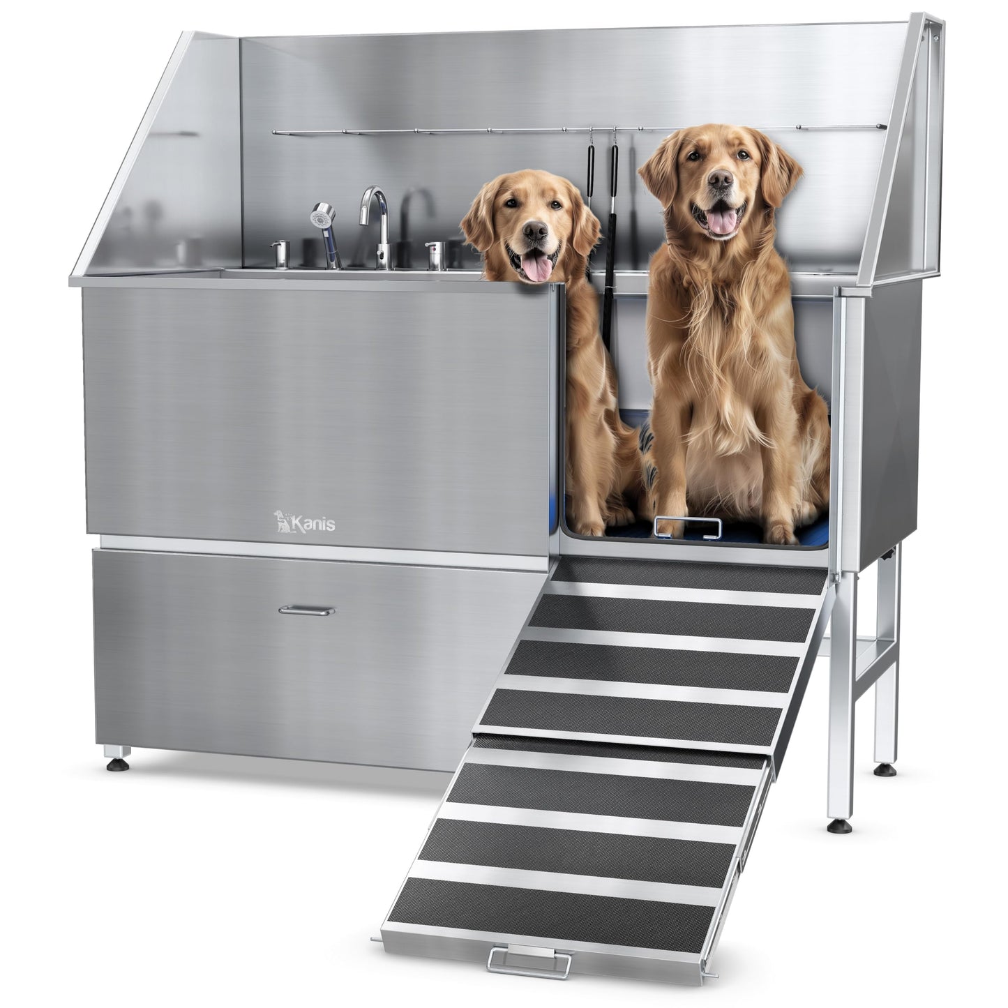 KANIS Professional Stainless Steel Dog Bathing Station - Dog Grooming Tub w/Ramp, Storage Drawer, Floor Grate & Faucet/Dog Bathtub for Large, Medium & Small Pets (61", Right RAMP - 1 Drawer)