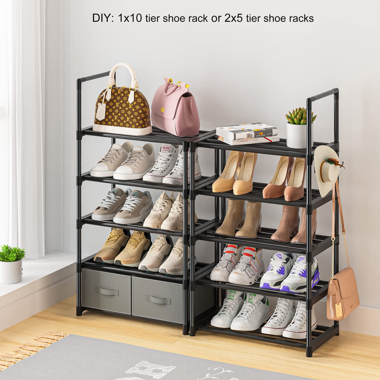 OYREL Tall Shoe Rack Narrow 10 Tier Shoes Rack 20 25 Pairs, Shoe Storage Organizer for Closet, Sturdy Metal Shoe Shelf Shoe Stand with 2 Boxes 1 Hook OYREL