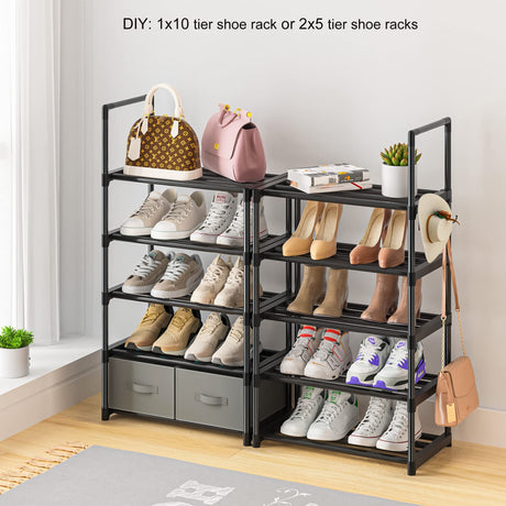 OYREL Tall Shoe Rack Narrow 10 Tier Shoes Rack 20 25 Pairs, Shoe Storage Organizer for Closet, Sturdy Metal Shoe Shelf Shoe Stand with 2 Boxes 1 Hook OYREL