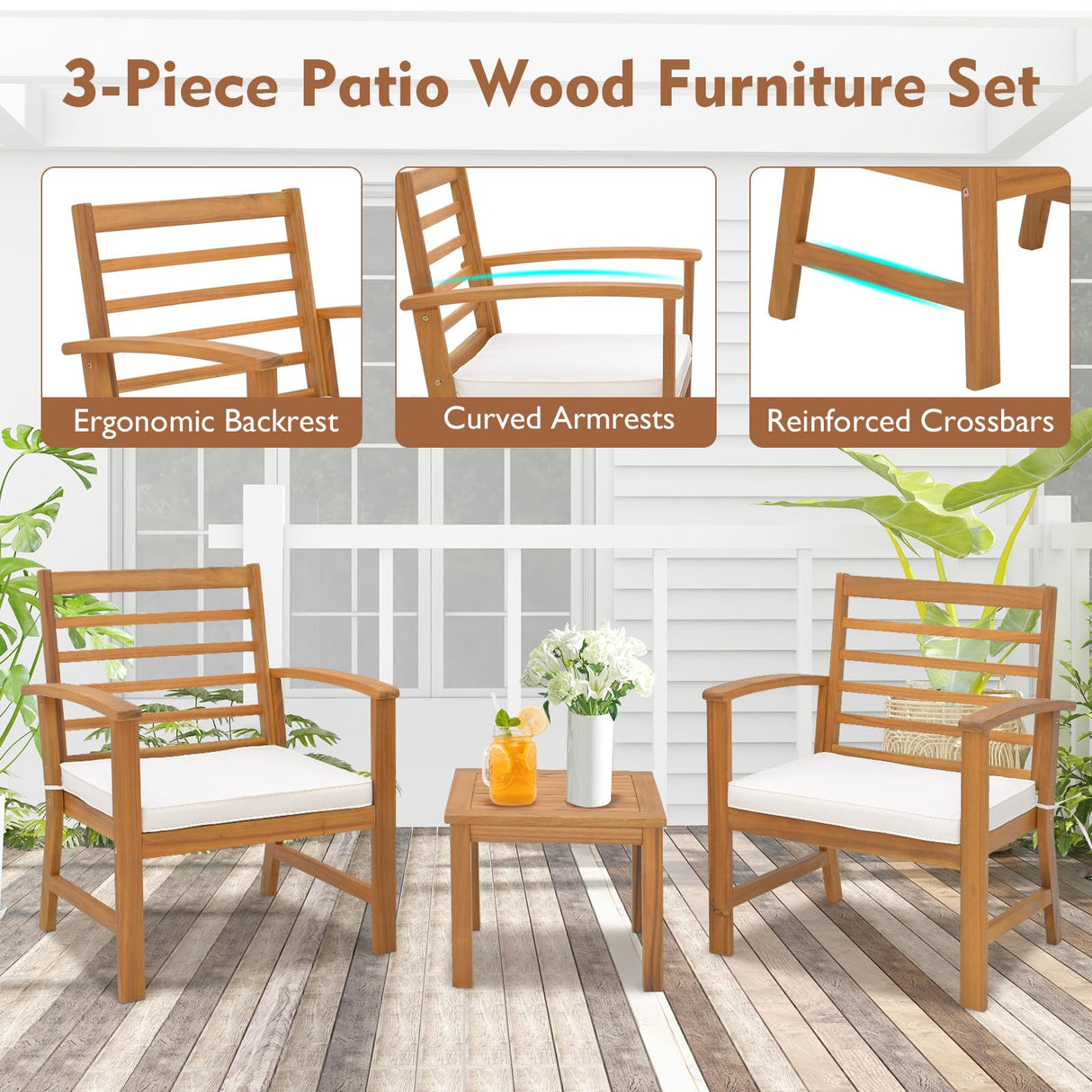 Tangkula 3 Pieces Outdoor Furniture Set, Acacia Wood Conversation Set with Soft Seat Cushions, Stable Acacia Wood Frame, Patio Sofa & Coffee Table Set for Backyard, Porch, Poolside (White) Tangkula