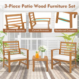 Tangkula 3 Pieces Outdoor Furniture Set, Acacia Wood Conversation Set with Soft Seat Cushions, Stable Acacia Wood Frame, Patio Sofa & Coffee Table Set for Backyard, Porch, Poolside (White) Tangkula