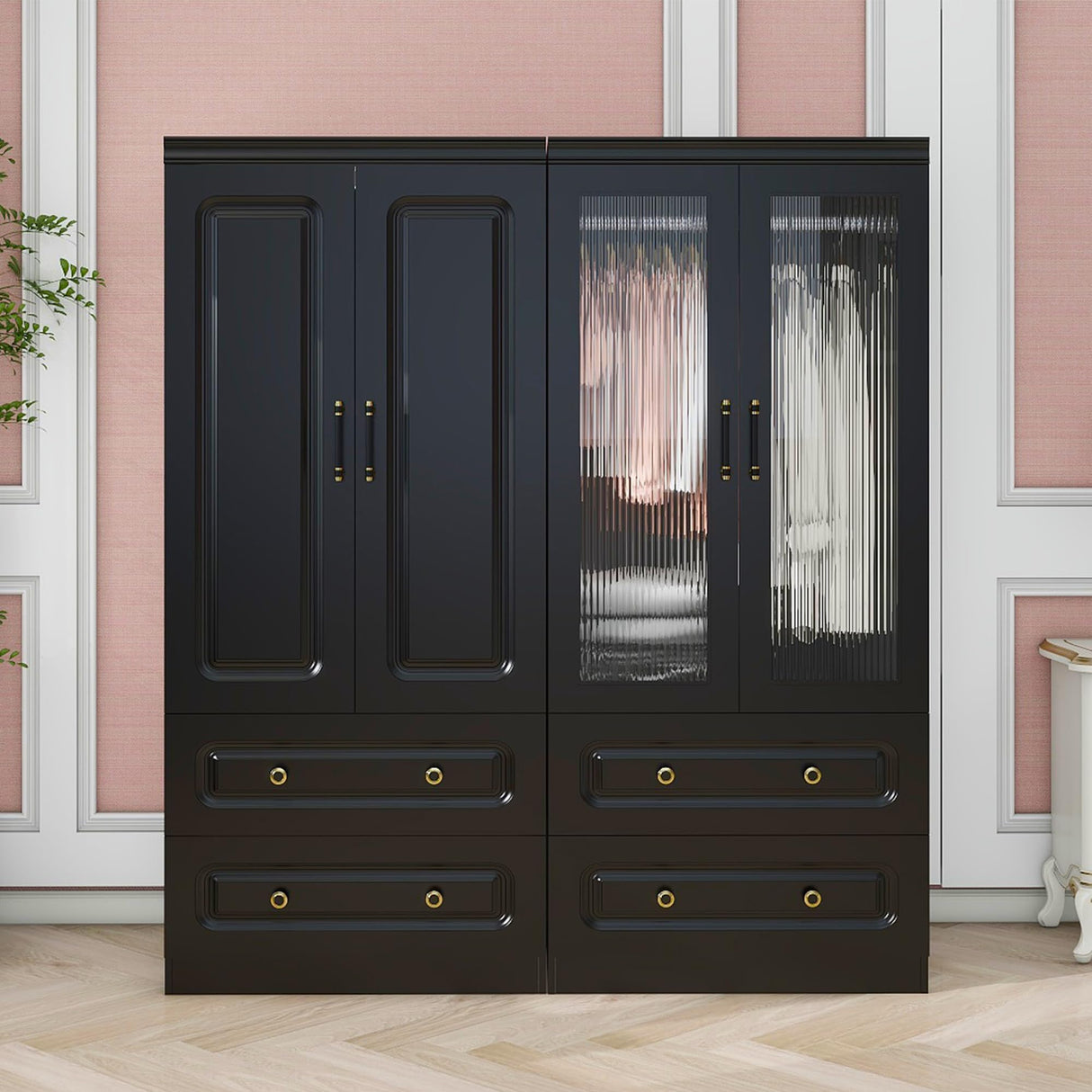 GraceGrove Armoire Wardrobe Closet with 4 Glass Doors and 4 Drawers, Armoire with Hanging Rods, Wood Armoire Closet Cabinet with Large Storage, Armoires and Wardrobes for Bedroom Black GraceGrove
