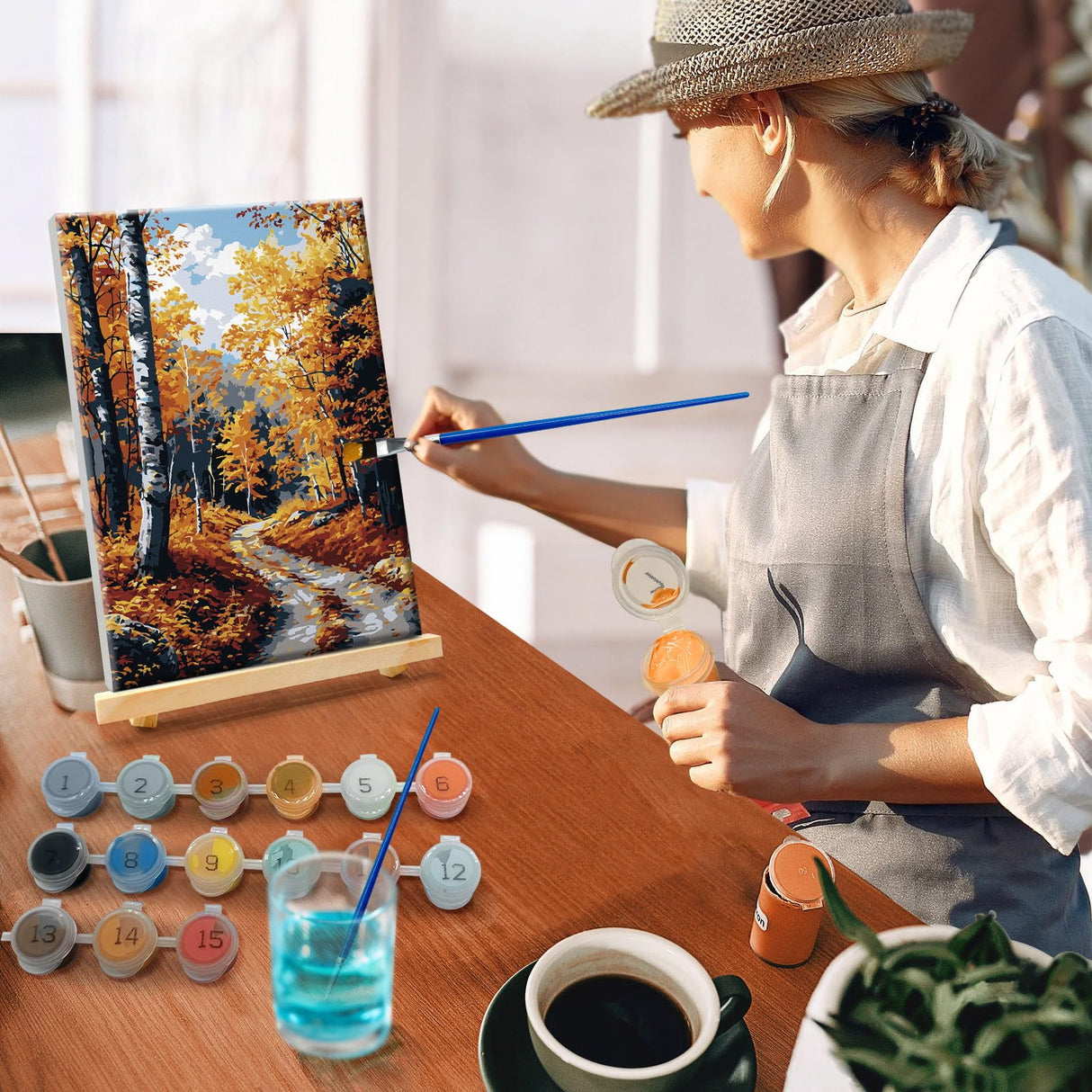 YOYA Framed Paint by Numbers Kit for Adults - Fall Forest Adult Paint by Number Kits on Canvas with Easel, DIY Autumn Landscape Paint by Number Framed Canvas for Home Wall Decor 8x12 Inch YOYA