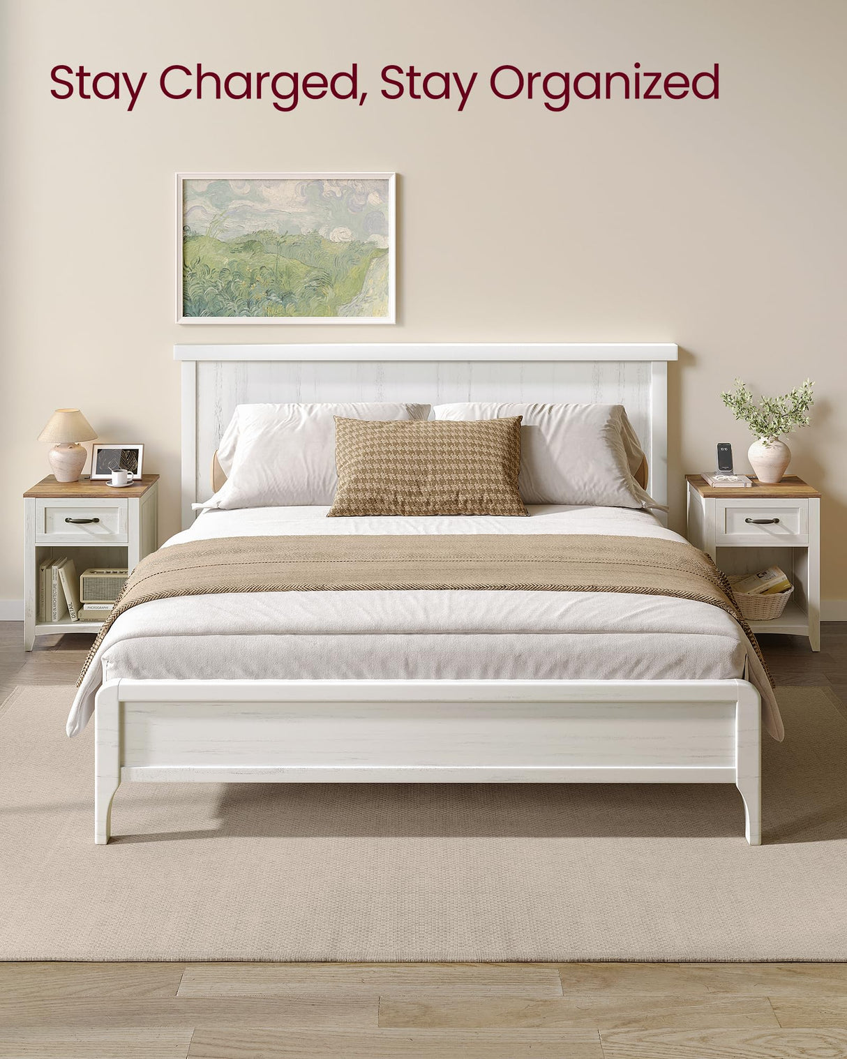 VASAGLE Farmhouse Nightstand with Charging Station, Bedside Table with Drawer, Open Compartment, Side Table with Storage, for Bedroom, Rustic White VASAGLE