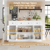 Keyluv Buffet Sideboard 55" Large Storage Cabinet 4 Doors and 3 Drawers, Farmhouse Wooden Coffee Bar Space-Saved Cupboard Furniture for Dining Room, Kitchen, Living Room, White Keyluv