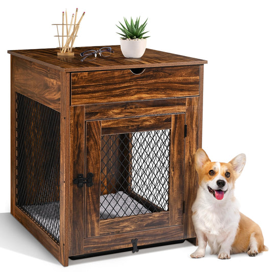 BOEASTER Dog Crate Furniture End Table, Wooden Furniture-Style Dog Crates Indoor Kennel Side Table Nightstand with Storage Drawer & Cushion & Tray for Small Dogs Indoor Use