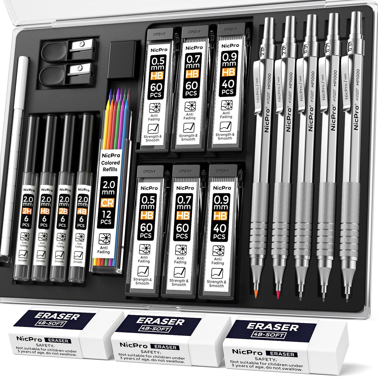 Nicpro 22PCS Metal Mechanical Pencil Set in Case, Art Drafting Pencil 0.5, 0.7, 0.9 mm & 2 PCS 2mm Mechanical Drawing Pencils with 396PCS Leads (4B 2B HB 2H Colored) for Drawing Writing Sketching Nicpro