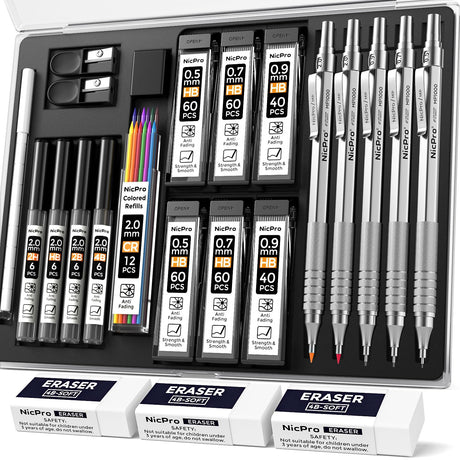 Nicpro 22PCS Metal Mechanical Pencil Set in Case, Art Drafting Pencil 0.5, 0.7, 0.9 mm & 2 PCS 2mm Mechanical Drawing Pencils with 396PCS Leads (4B 2B HB 2H Colored) for Drawing Writing Sketching Nicpro