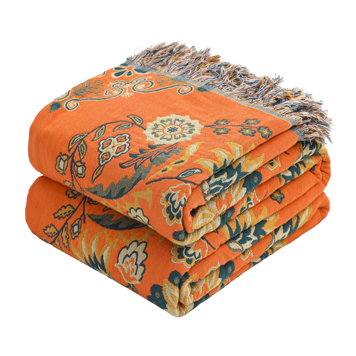 VANJOROY Boho Large Throw Blanket, 100% Cotton Breathable Soft Bed Throw - Floral Farmhouse Decor Blanket for Sofa Couch Chair and Gift. 60" x 80"- Orange VANJOROY